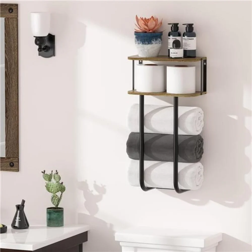 Towel Racks with 2-Tier Wood Shelf, Bathroom Shelves Wall Mounted